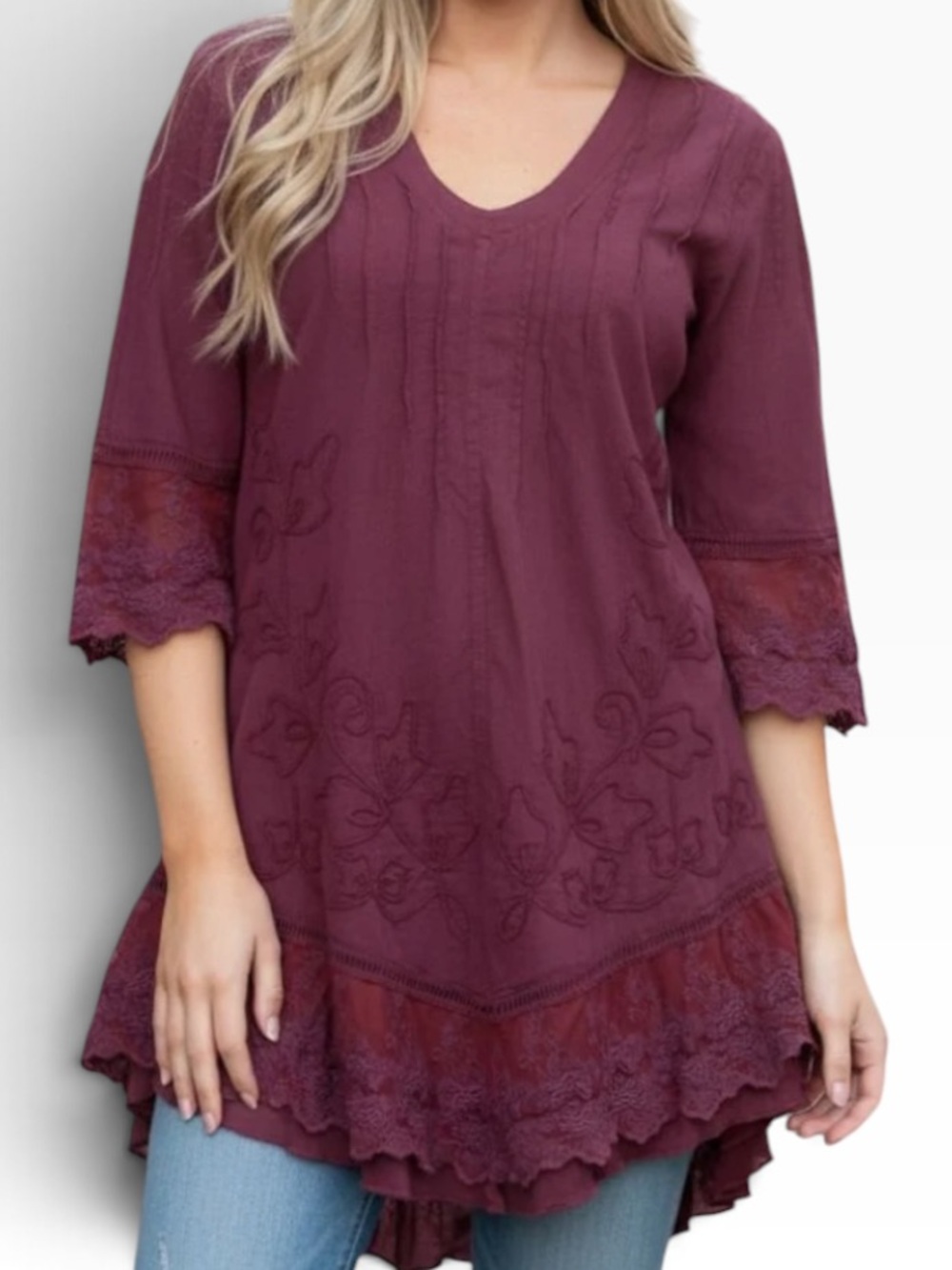 Gretty Zueger "Lola" Wine Lace-Trim V-neck 3/4 Sleeve Cotton Tunic S